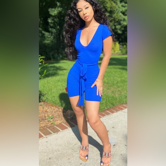 Bundle Deal! TWO V Neck Rompers with belt. Colors Hot Pink & Blue. - Picture 1 of 6